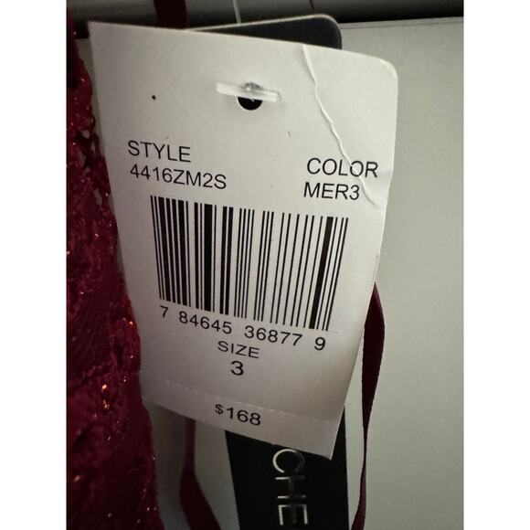 MSRP $168 NWT My Michelle Merlot Mermaid Lace Glitter Halter Back Gown, Size 3 - Picture 5 of 7